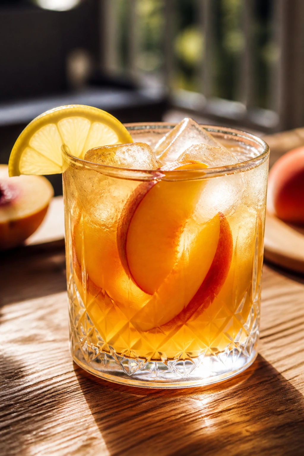 Close-up of Peach Whiskey Sour in a rocks glass with peach slices and lemon on a sunlit porch