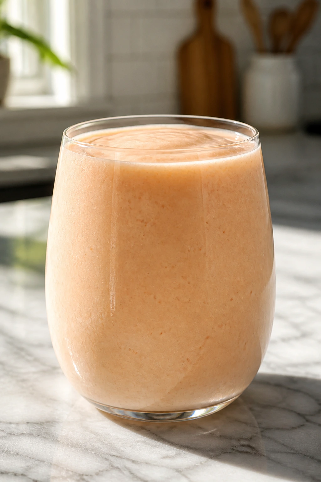Close-up of Peach White Tea Kefir Smoothie in a glass