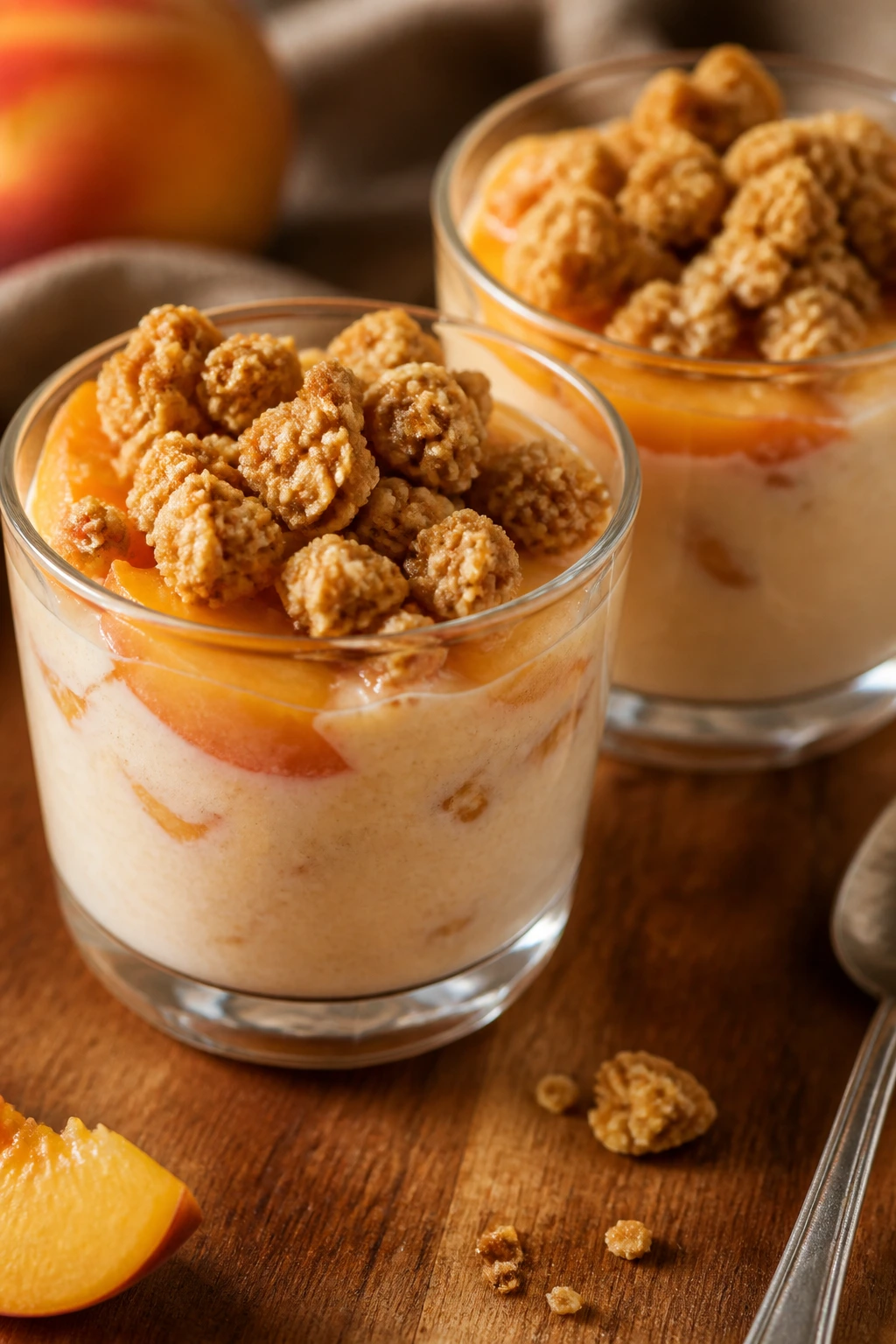 Peach Cobbler yogurt cups with crumble on a wooden surface