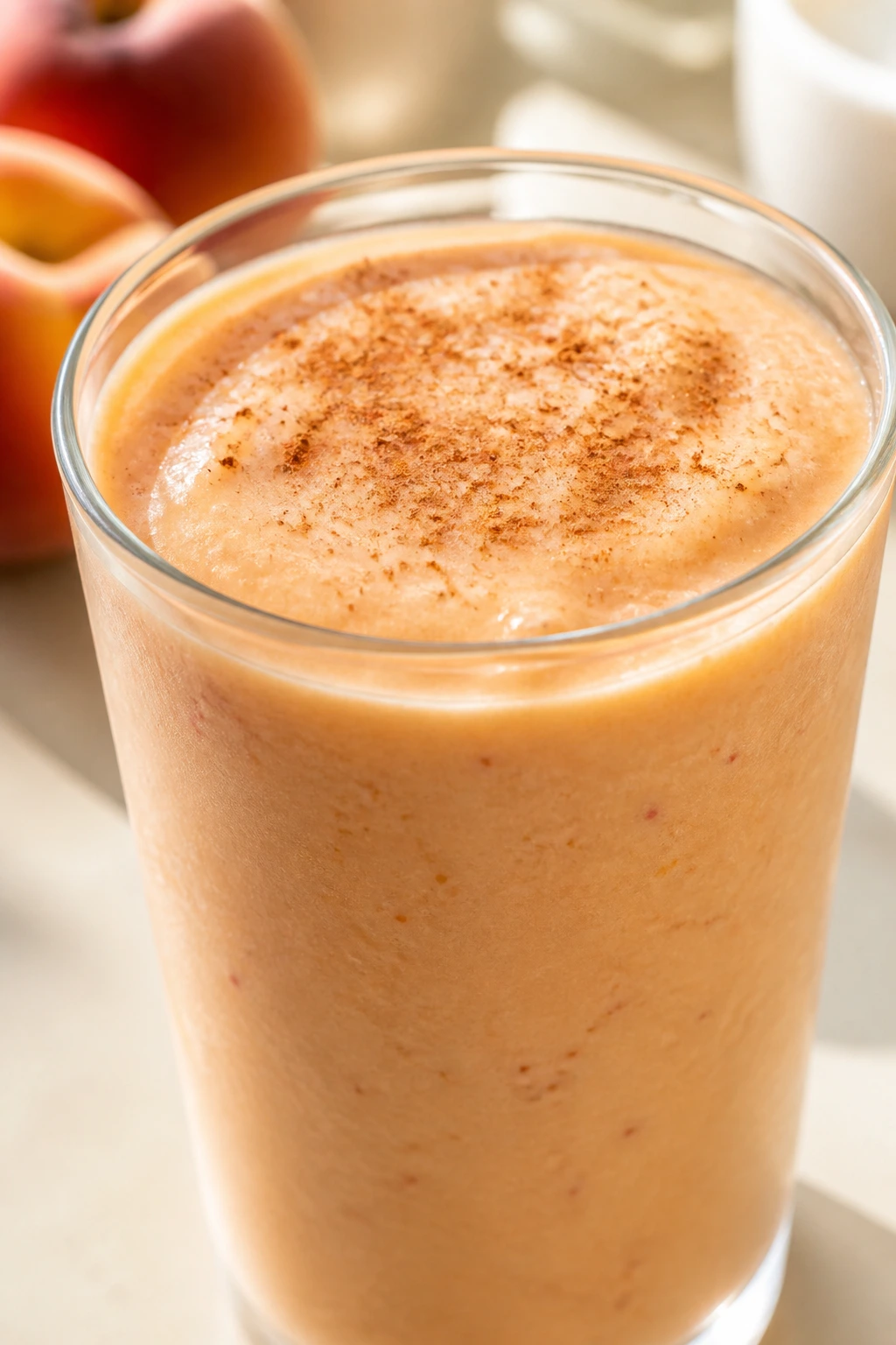 Peach yogurt smoothie with cinnamon topping in a glass