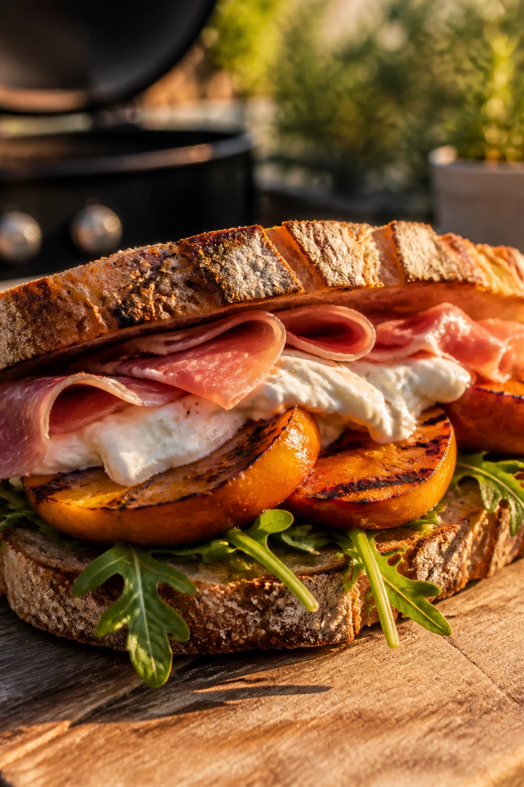 Cross-section of Grilled Peach Burrata Prosciutto Sandwich with peaches and burrata