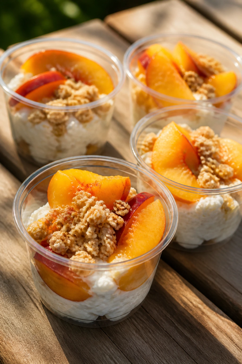 Cottage cheese cups with peach slices on a picnic table