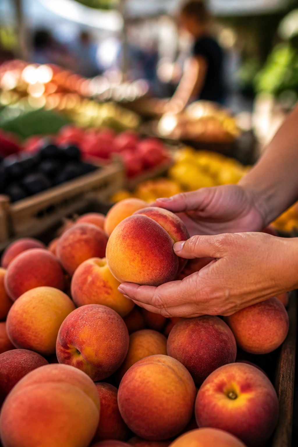 Hands selecting ripe peaches at a farmers market