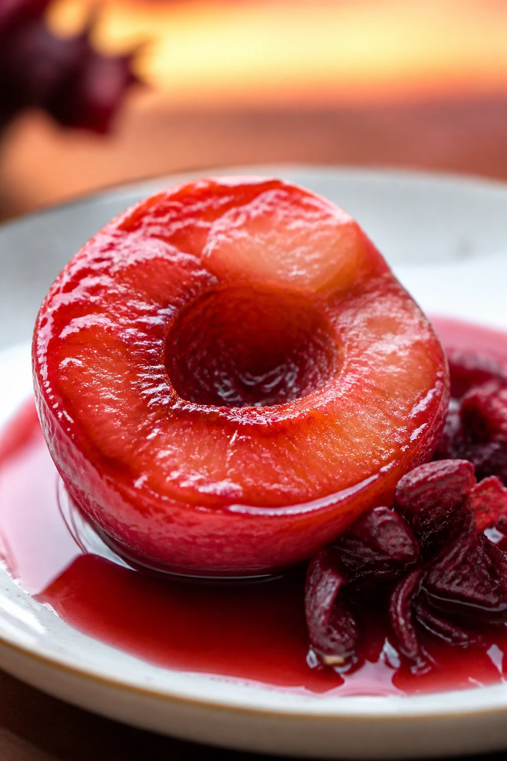Poached peach half with rosy hibiscus syrup on a plate