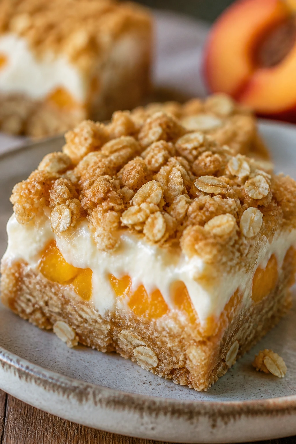 Close-up of a peach-cream oat bar on a rustic plate