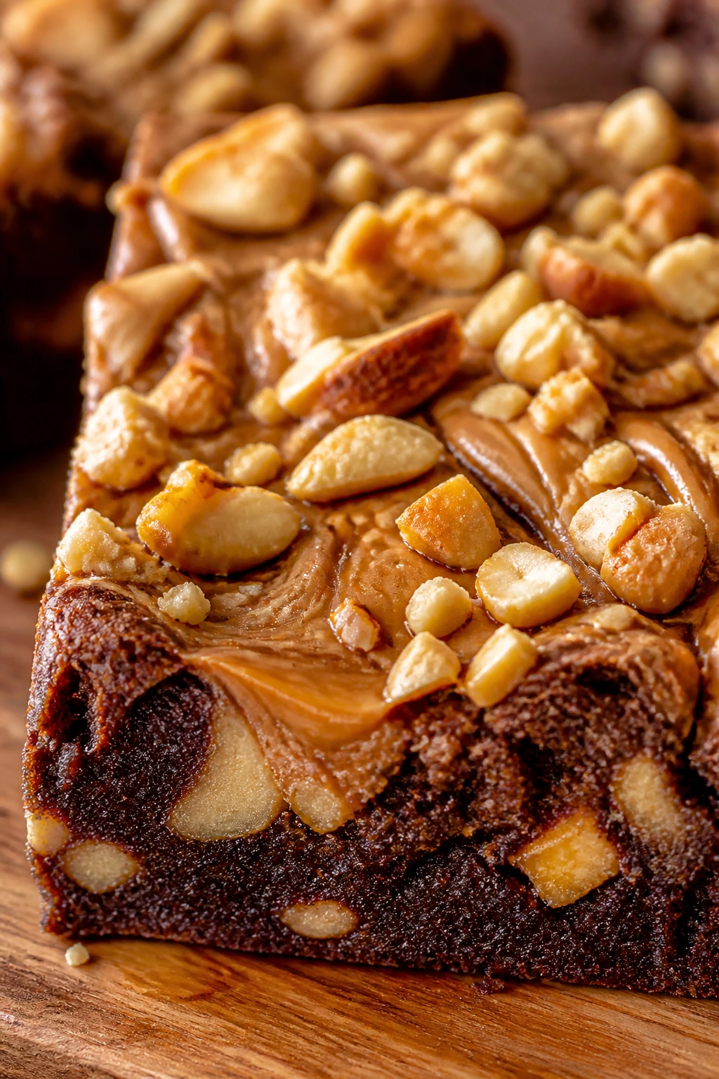 Close-up of peanut butter apple brownie bar topped with peanuts