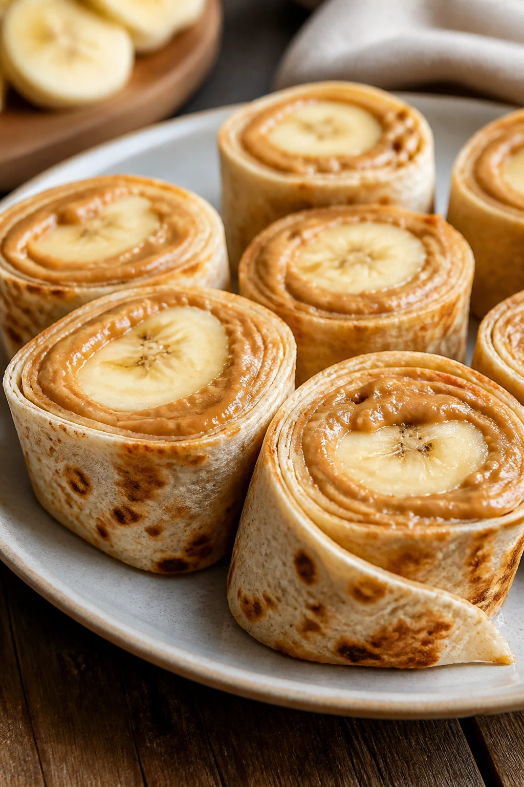 Close-up of peanut butter banana roll-ups sliced into pinwheels
