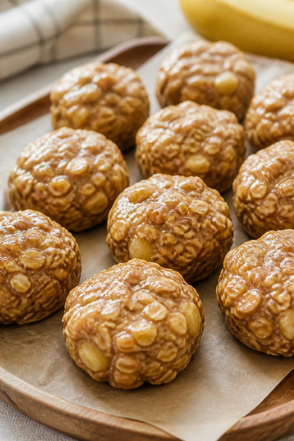 Chewy peanut butter banana oat bites on parchment in kitchen