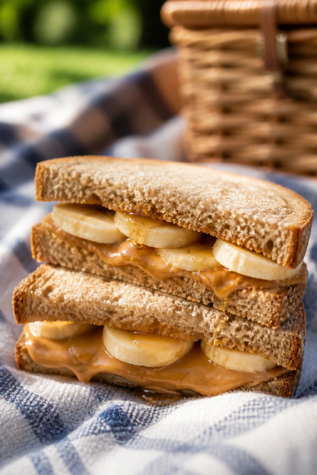 Close-up of peanut butter banana honey sandwich cut in half on a checkered blanket