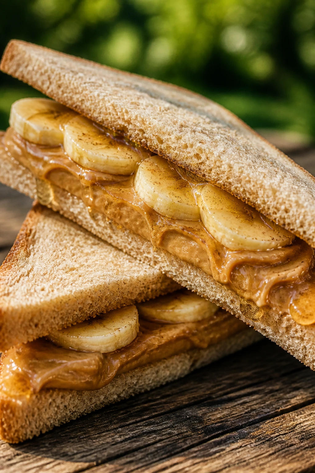 Close-up of Peanut Butter Banana Honey Sandwich on a picnic table