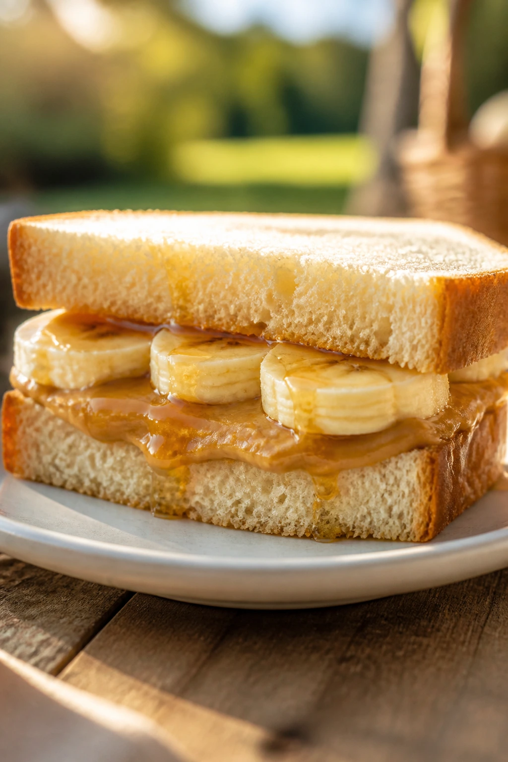 Cross-section of peanut butter banana honey sandwich showing layers