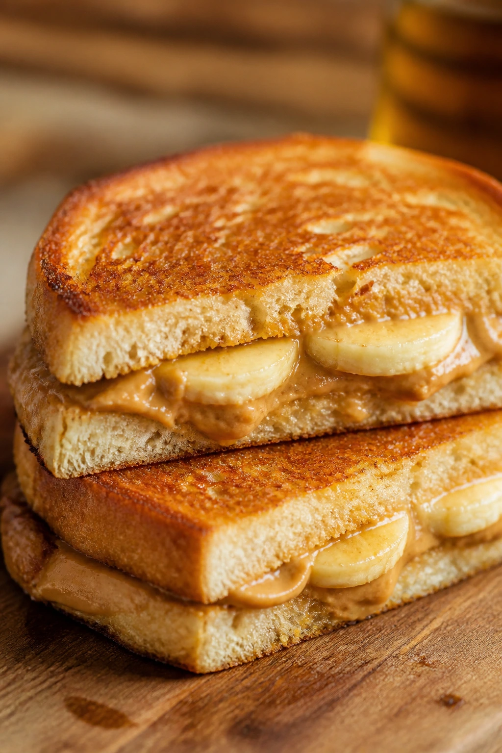 Pressed peanut butter, banana, and honey sandwich on a wooden board.