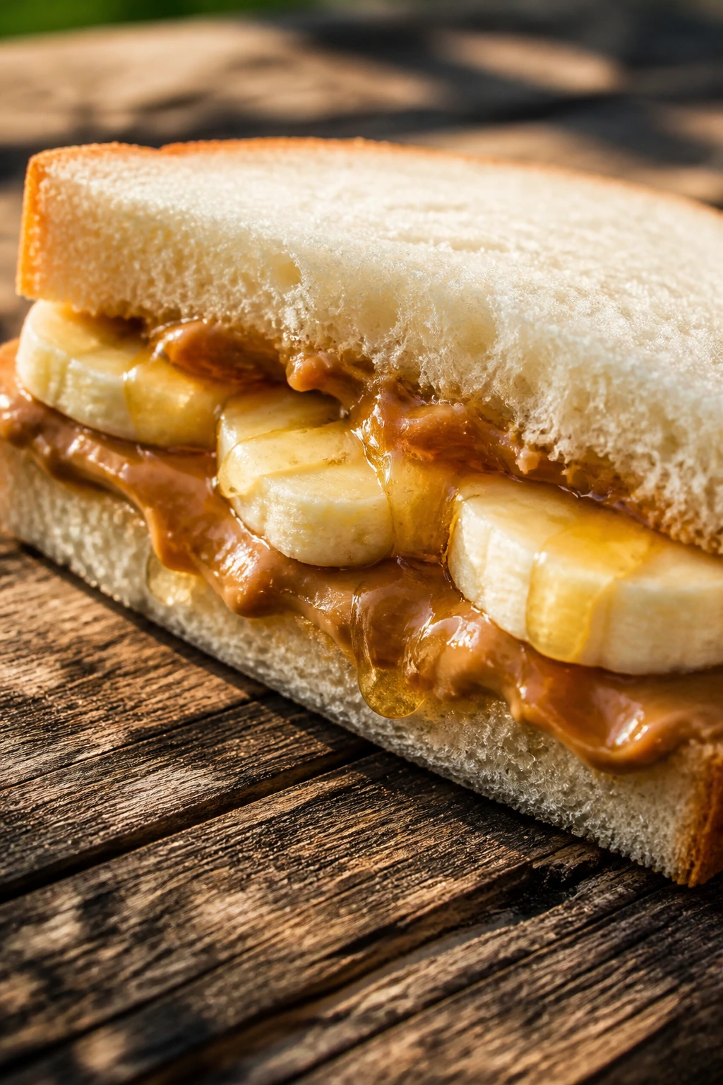 Peanut butter banana honey sandwich with banana slices and honey drizzle