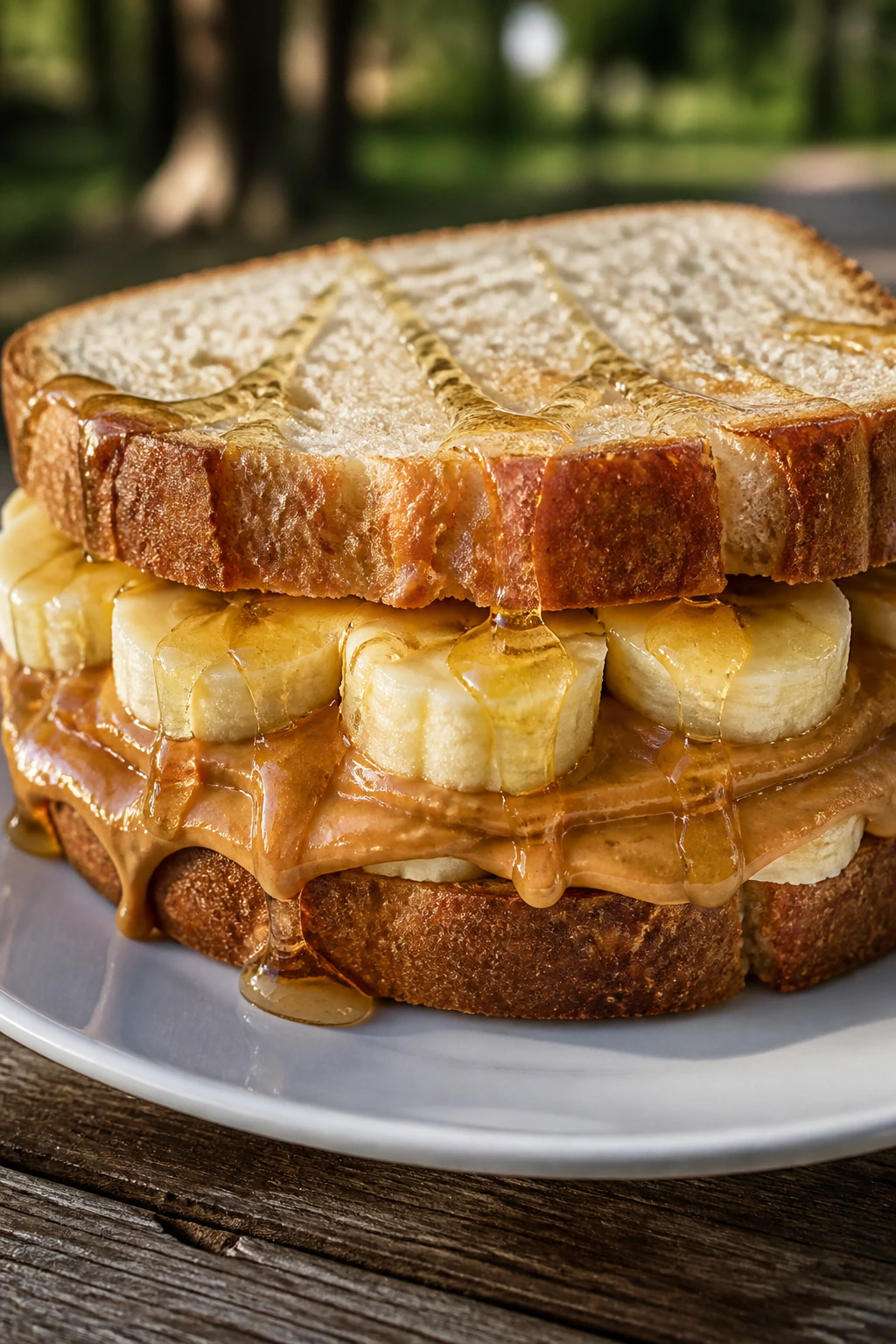 Close-up of a peanut butter banana honey sandwich on a plate outdoors