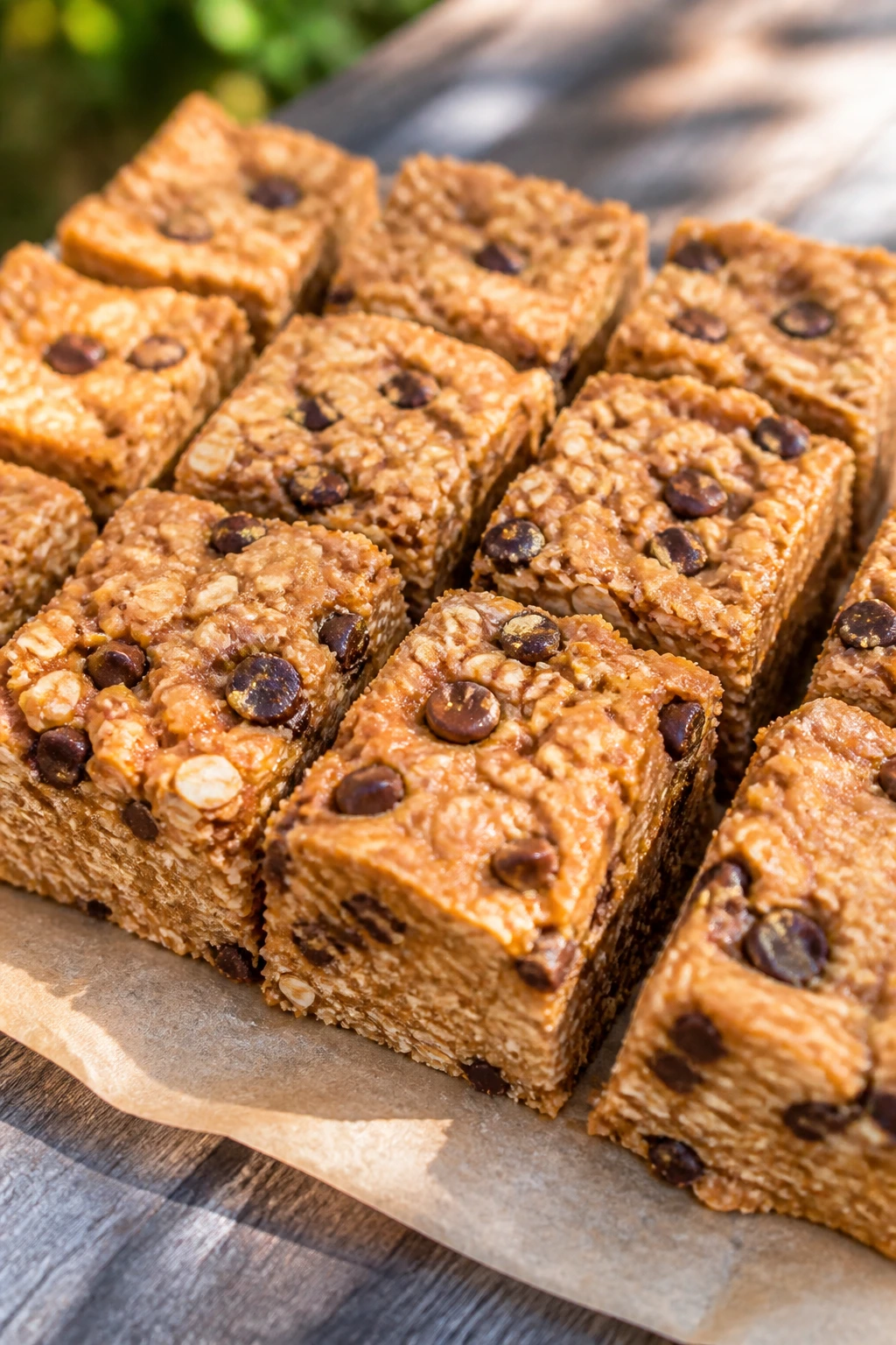 Close-up of sliced peanut butter banana oat bars on parchment outdoors