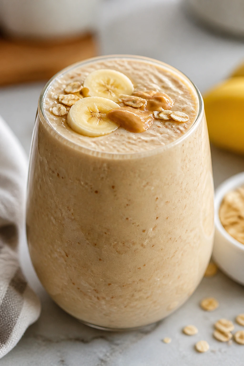Peanut butter banana oat smoothie in glass