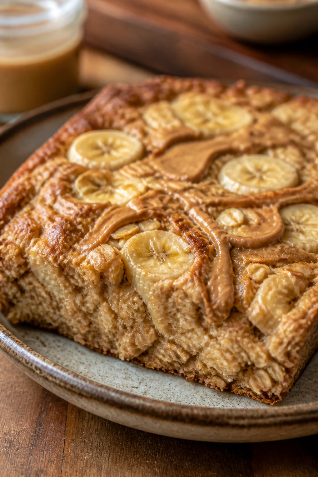 Close-up of a thick slice of peanut butter banana oatmeal bake on a rustic plate in a cozy kitchen.