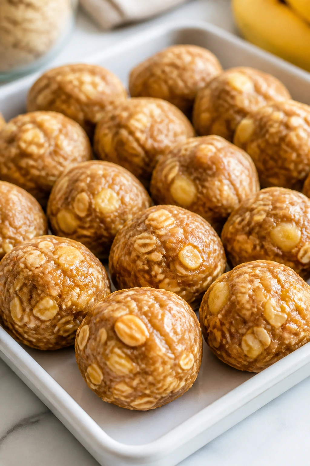 Tray of peanut butter banana oat bites on a bright kitchen counter