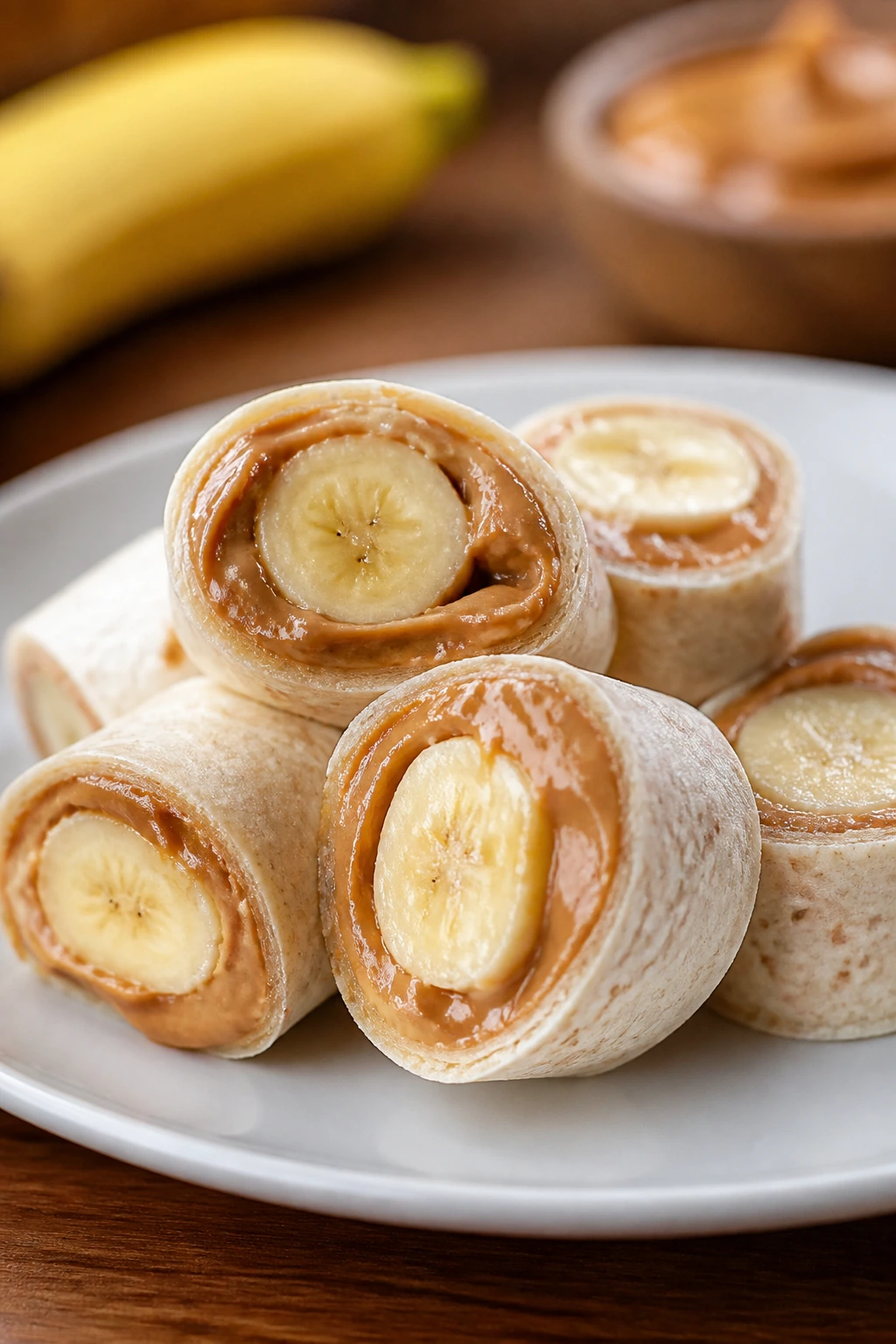 Banana and peanut butter roll-ups sliced on a plate