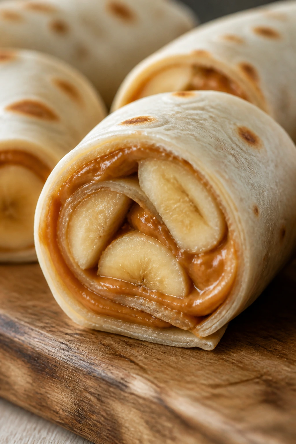 Close-up of a peanut butter banana roll-up sliced to show spiral filling on a wooden board.