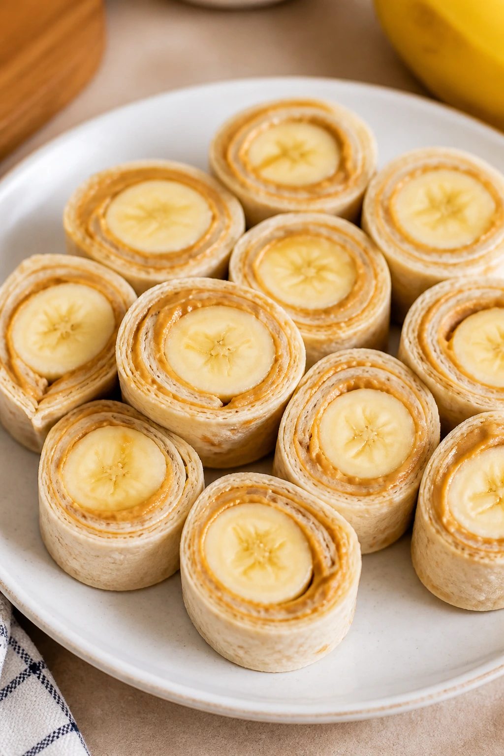 Close-up of peanut butter banana roll-ups sliced into pinwheels