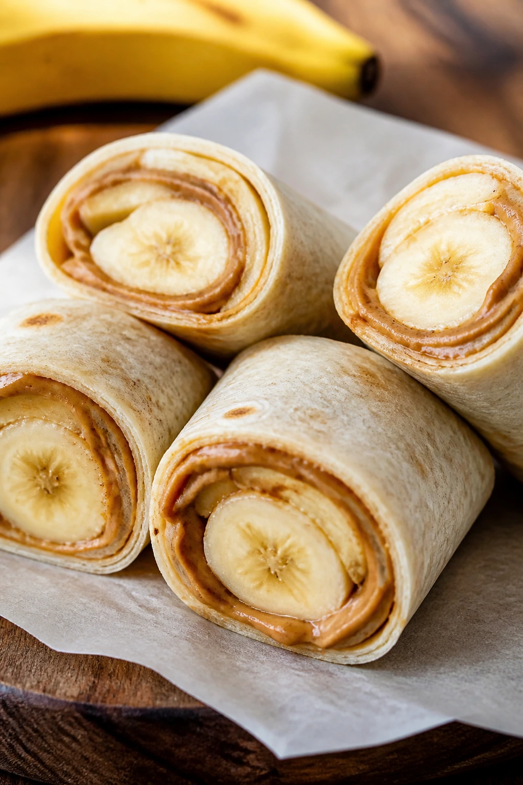 Close-up of peanut butter banana roll-up sliced to reveal filling.