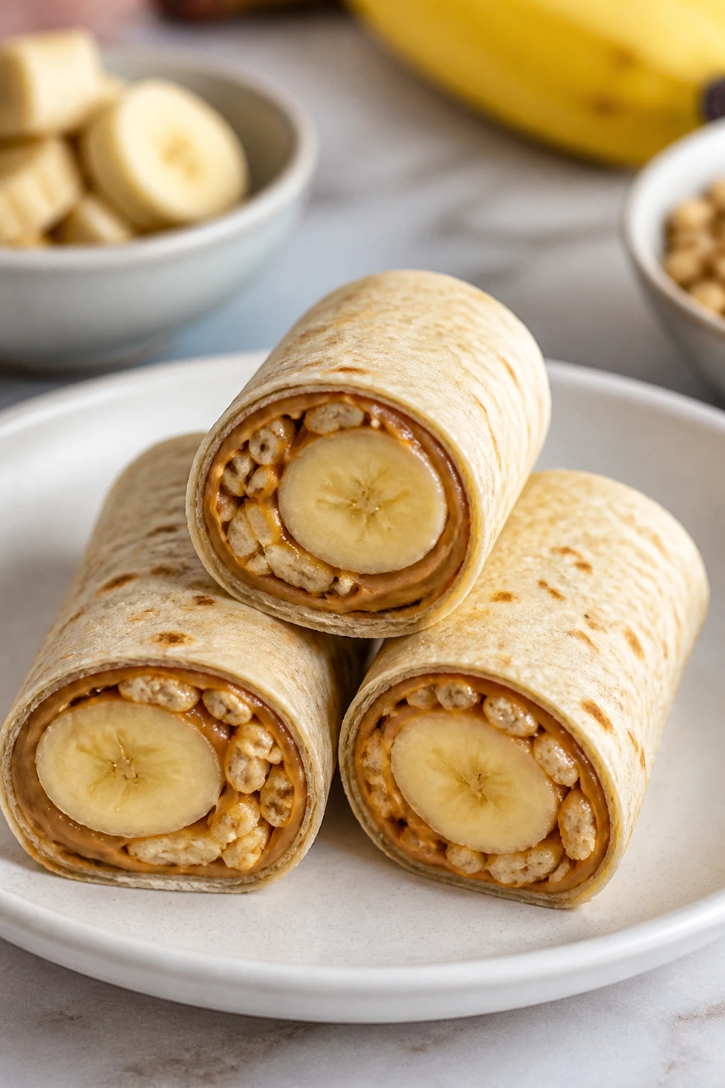 Slice of peanut butter banana roll-up showing banana and rice center