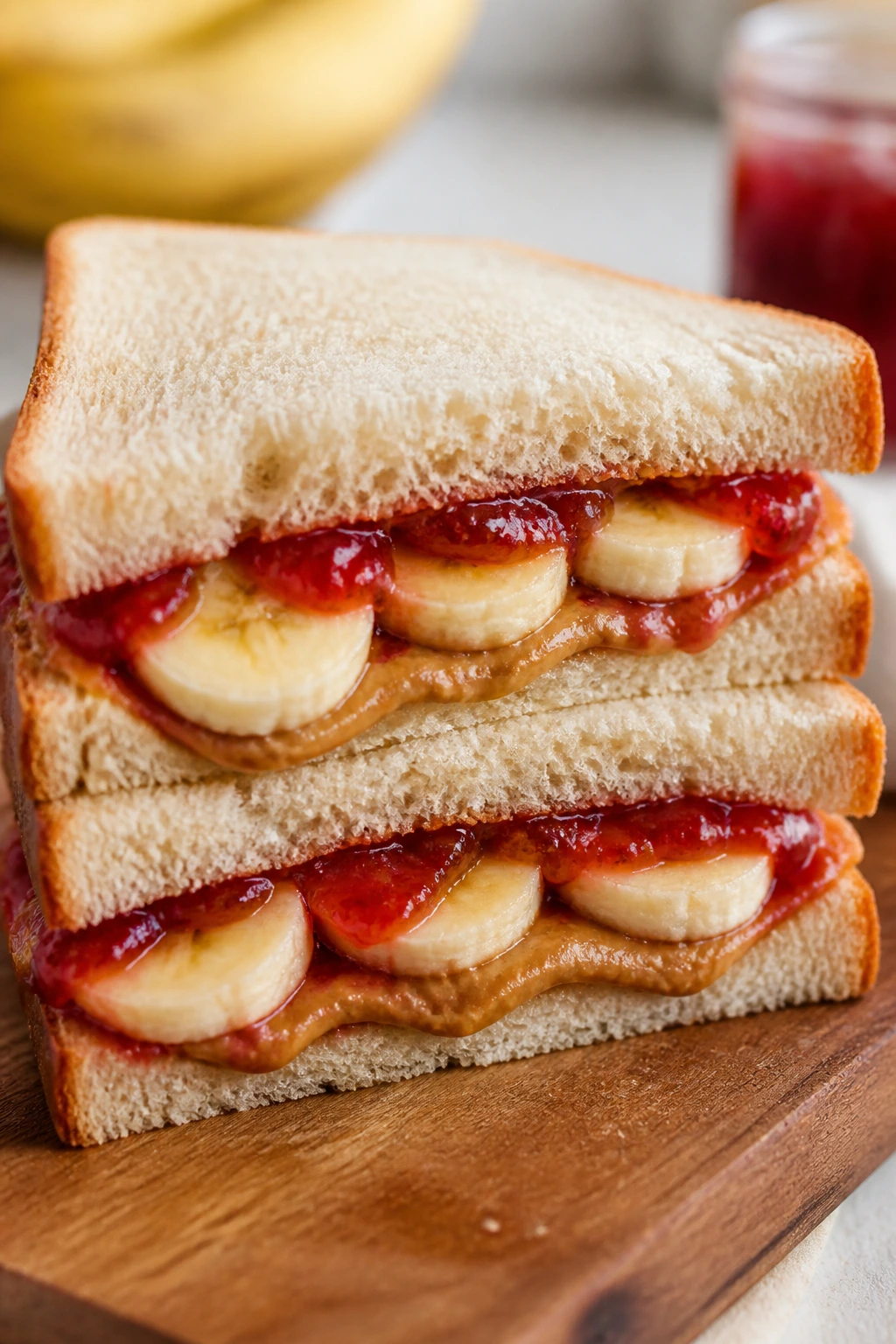 Cross-section of peanut butter jam banana sandwich