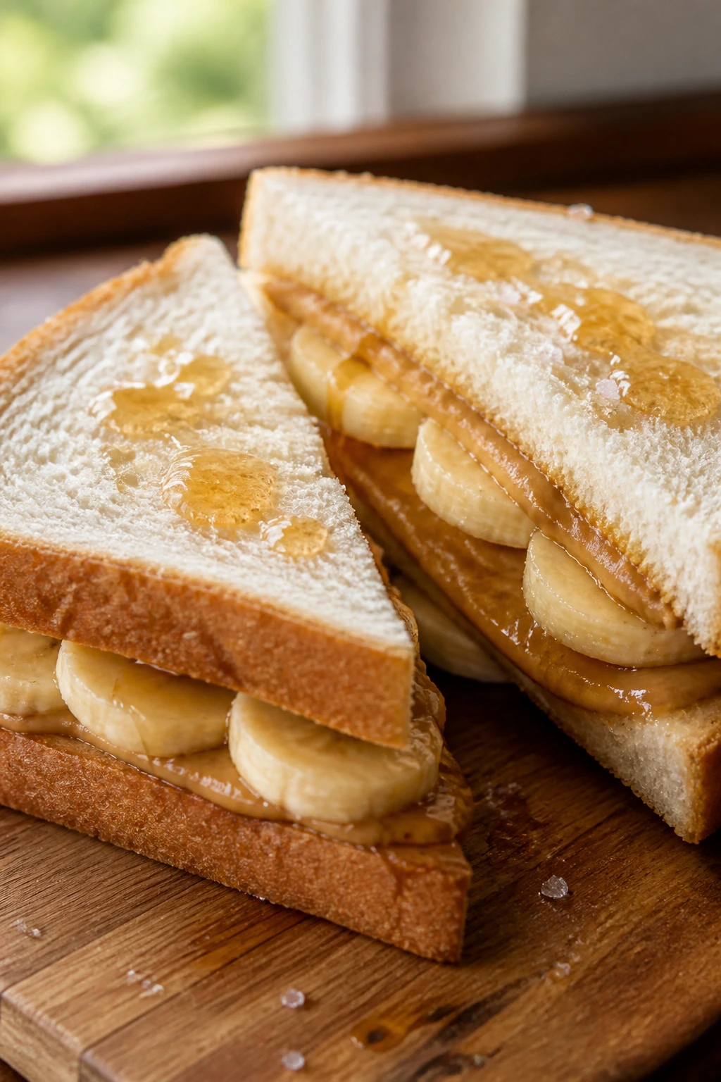 Close-up of peanut butter banana honey sandwich on wooden board