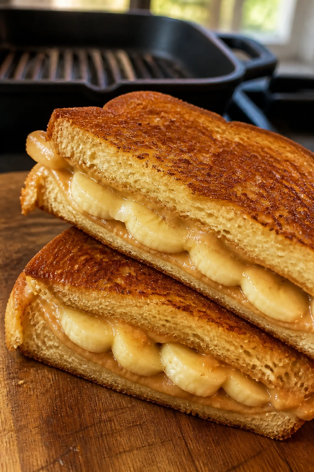Grilled peanut butter banana sandwiches on a wooden surface