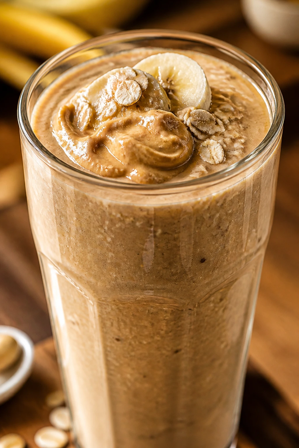 Thick peanut butter banana smoothie in a glass on a warm kitchen counter