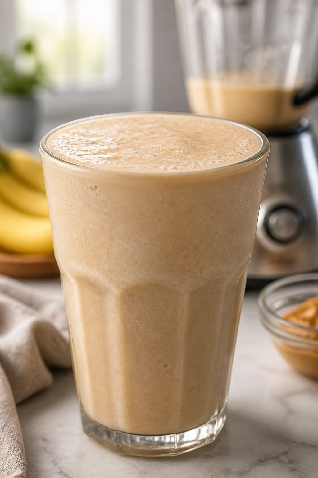 Tall glass of peanut butter banana smoothie on a kitchen counter