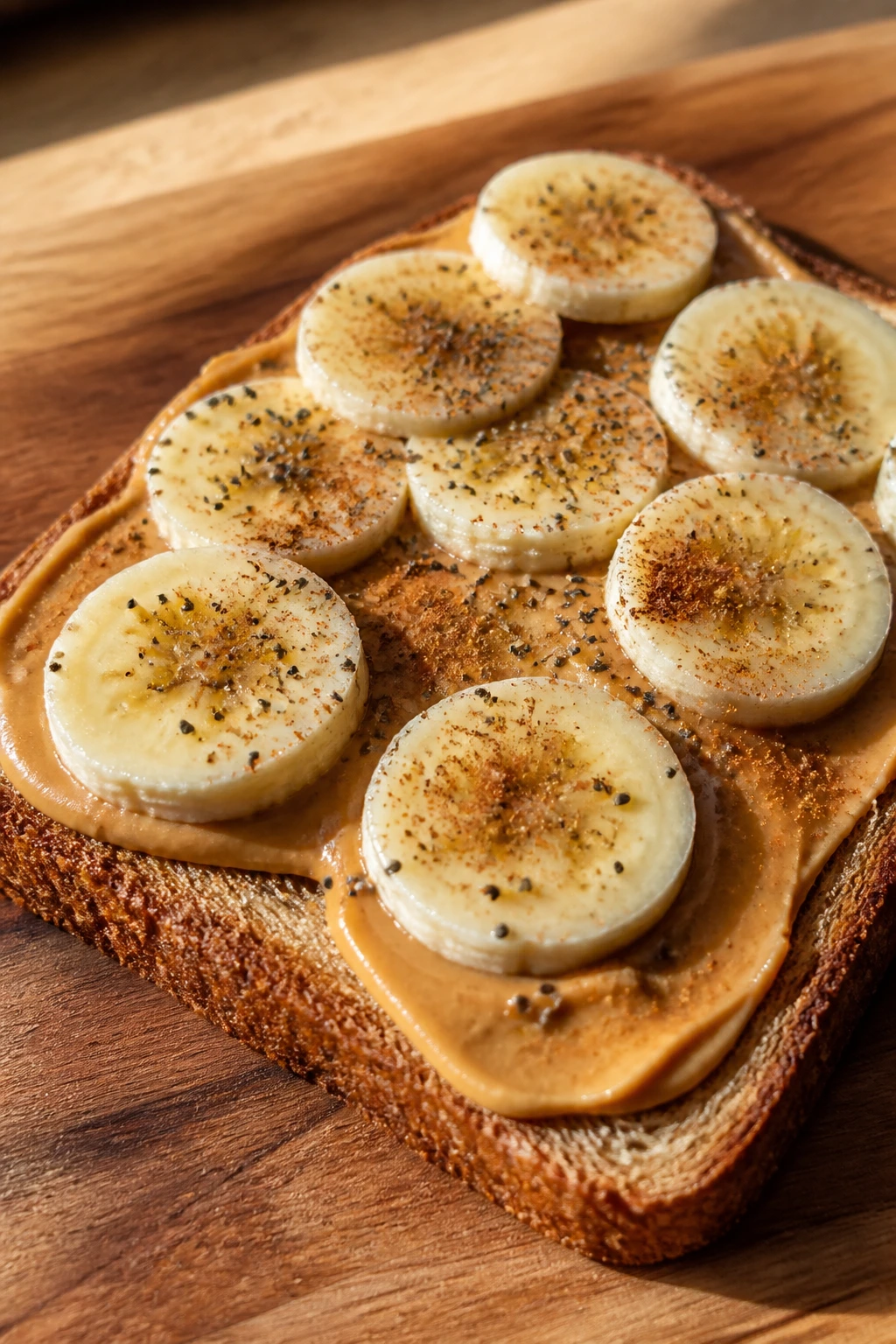 Close-up of peanut butter banana toast with chia seeds on a wooden board