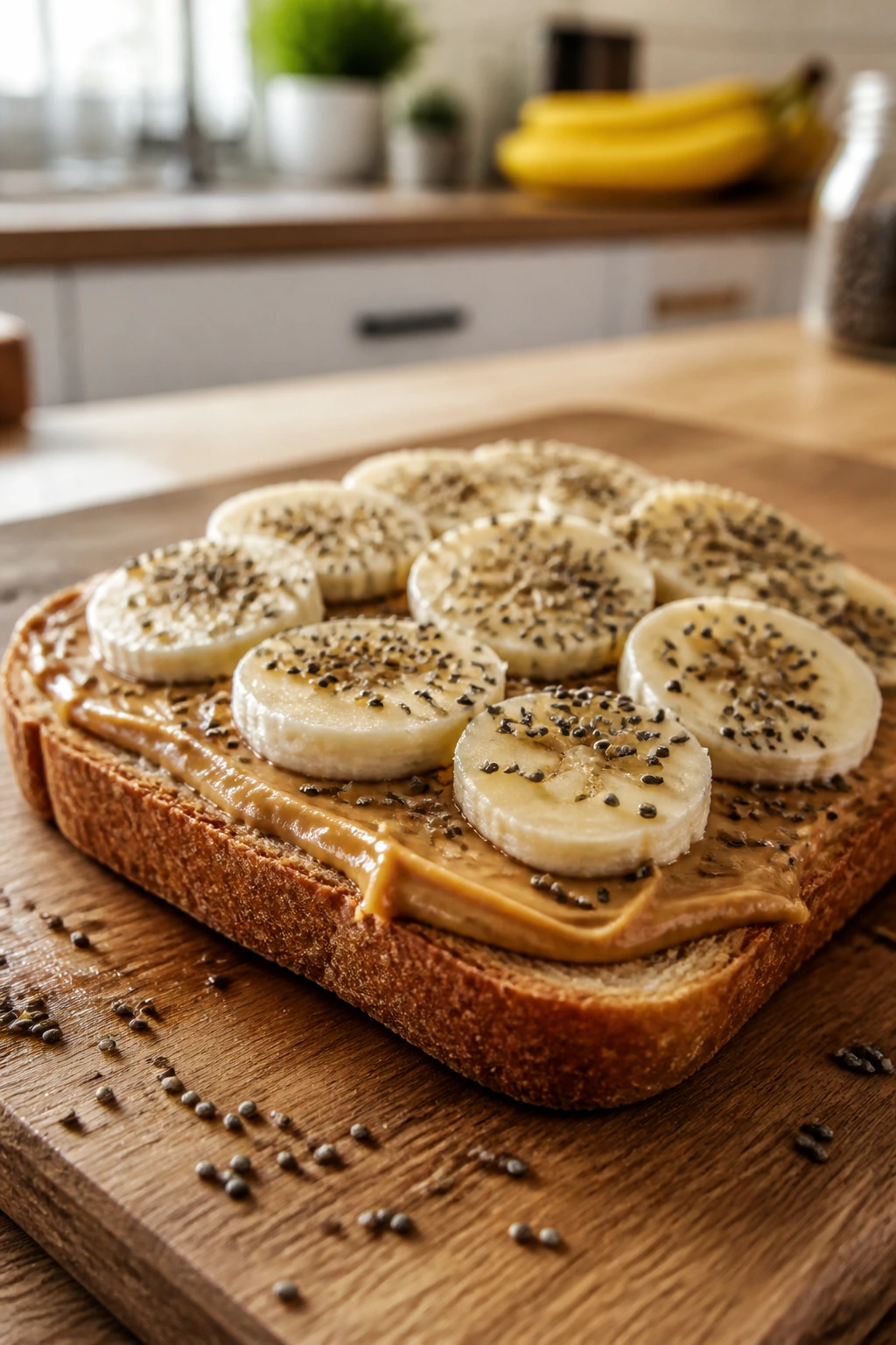 Peanut butter banana toast with chia seeds on a wooden board
