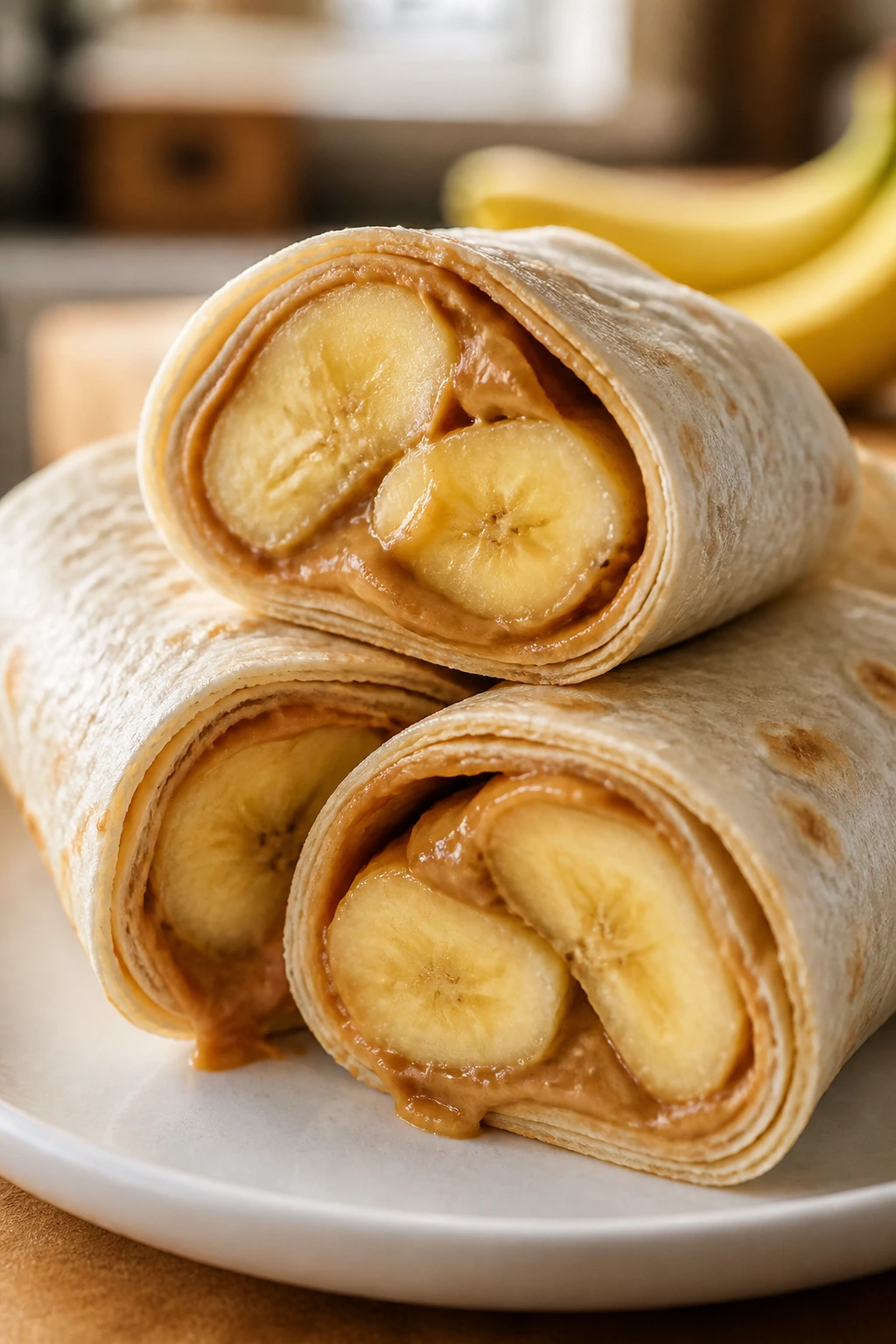 Close-up of PB banana tortilla roll-up sliced to show filling