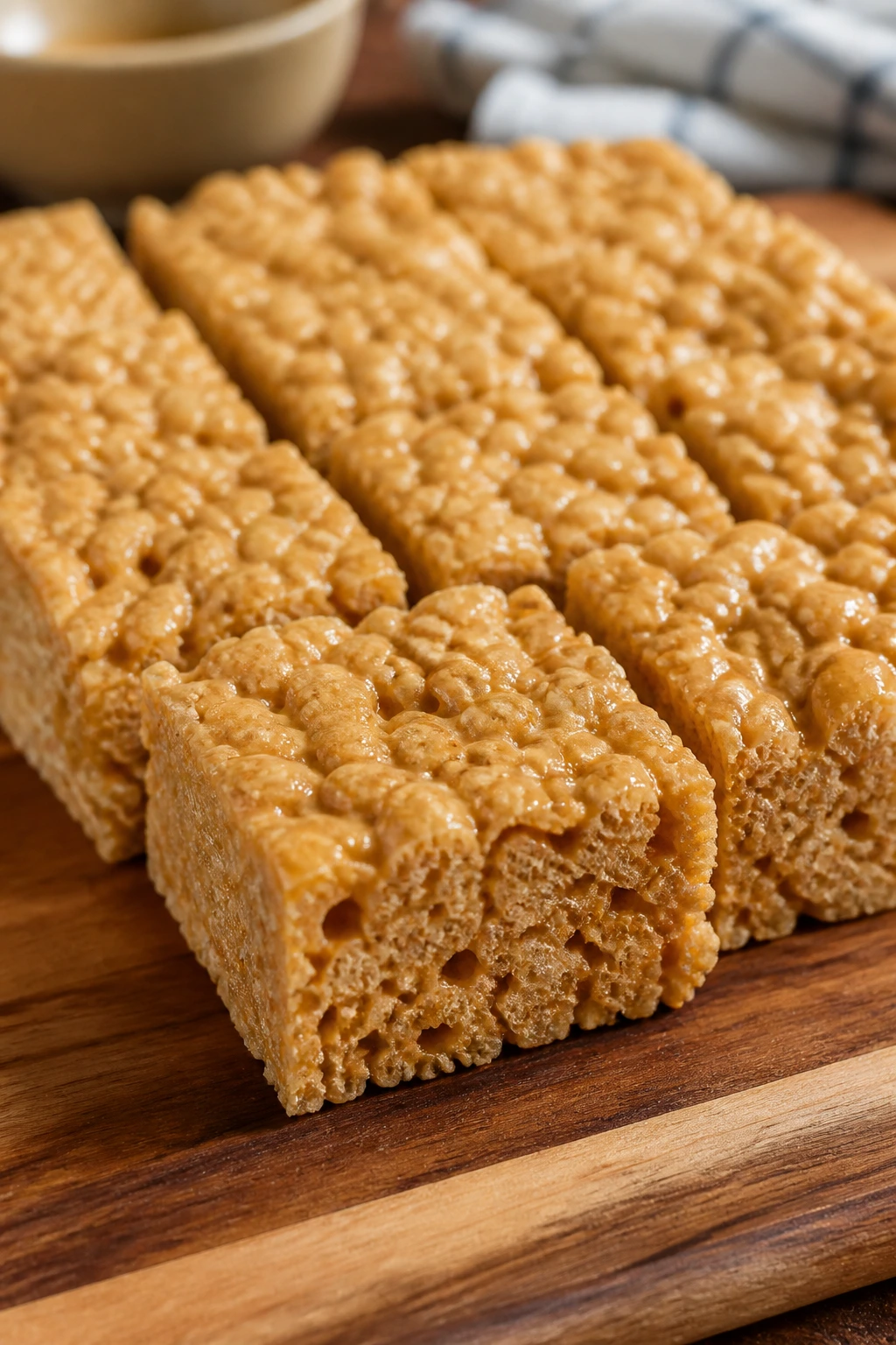 Peanut butter Rice Krispie squares on a wooden board