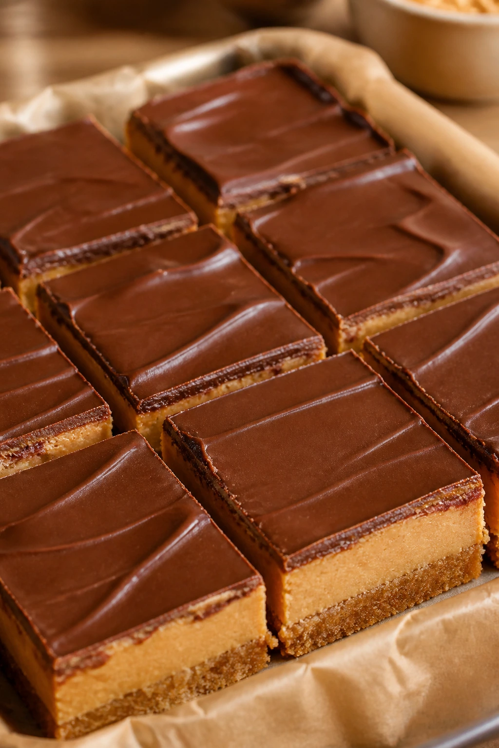 Close-up of No-Bake Peanut Butter Bars with chocolate topping on parchment