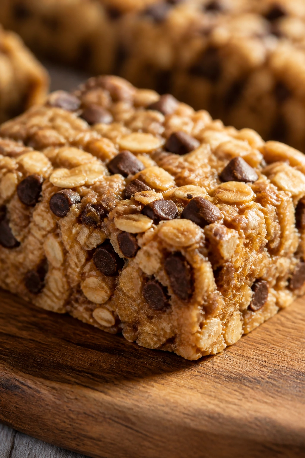 Peanut butter oat bar slice with chocolate chips on a wooden board