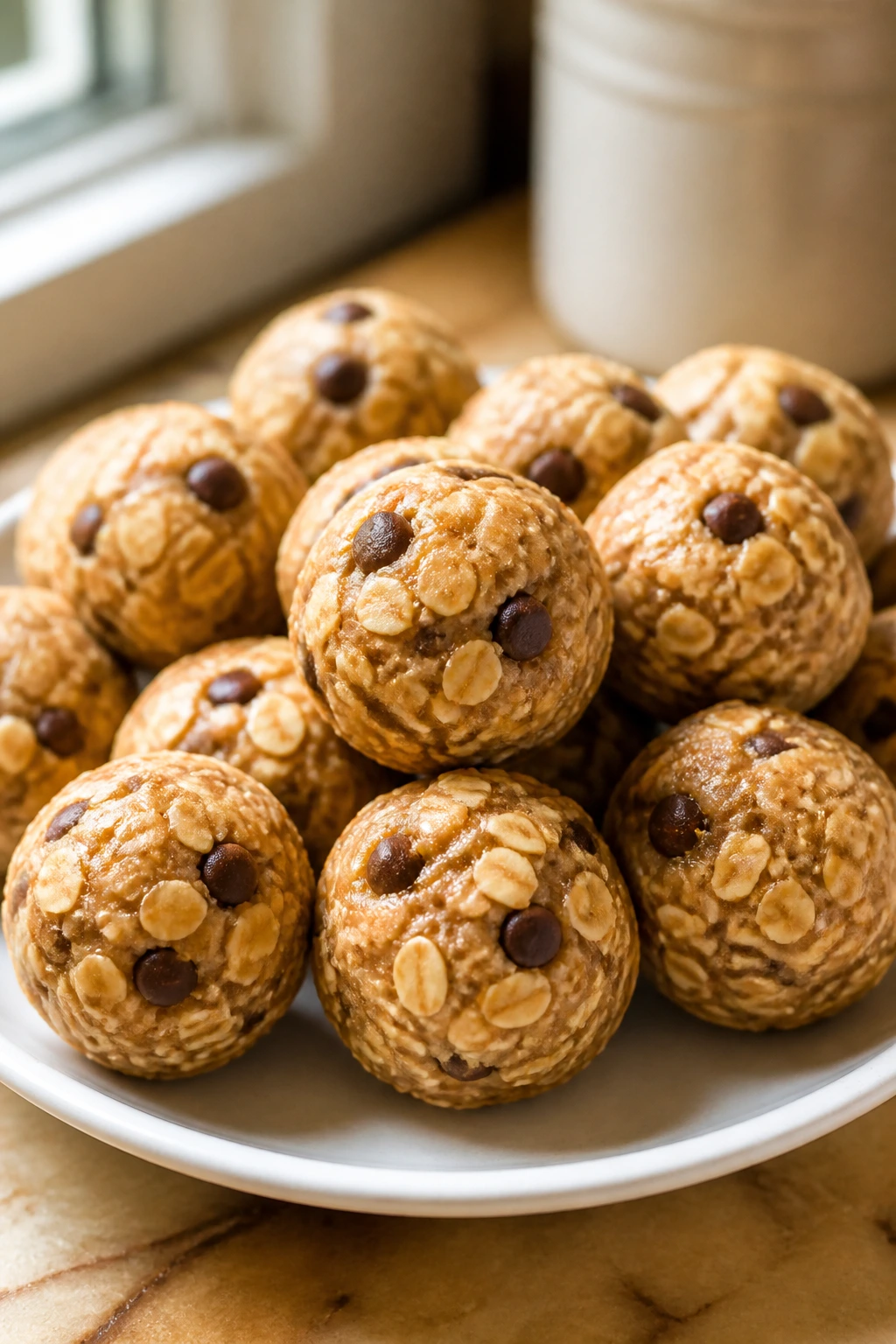Close-up of peanut butter banana energy bites on a plate for kids' lunchbox