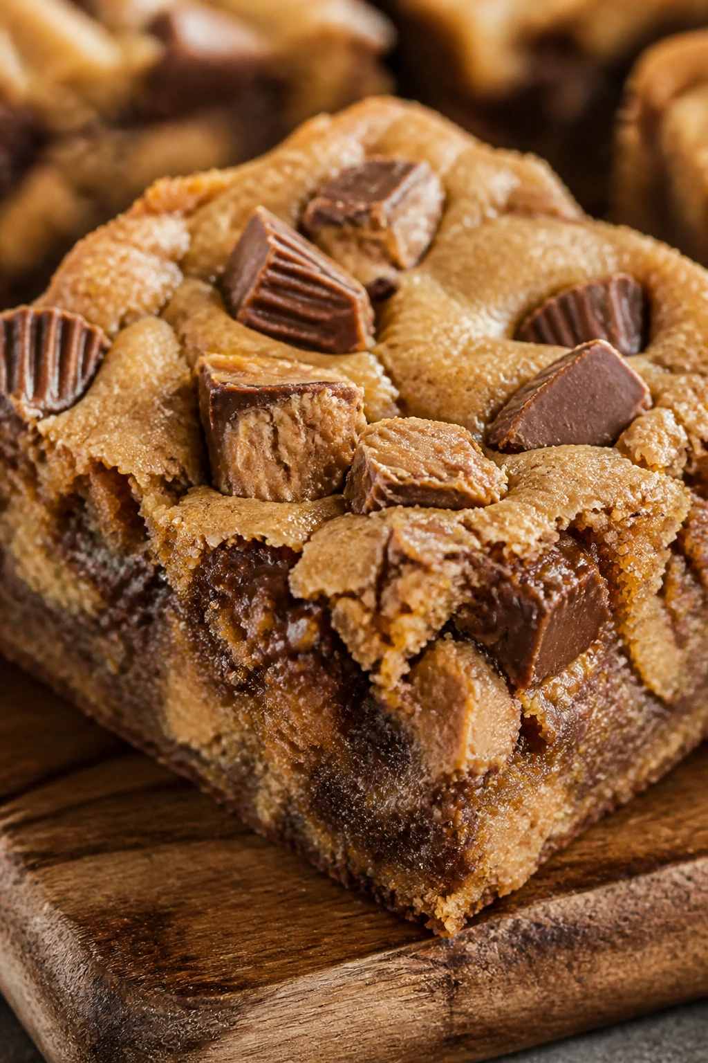Close-up of peanut butter cup blondie on a wooden board.