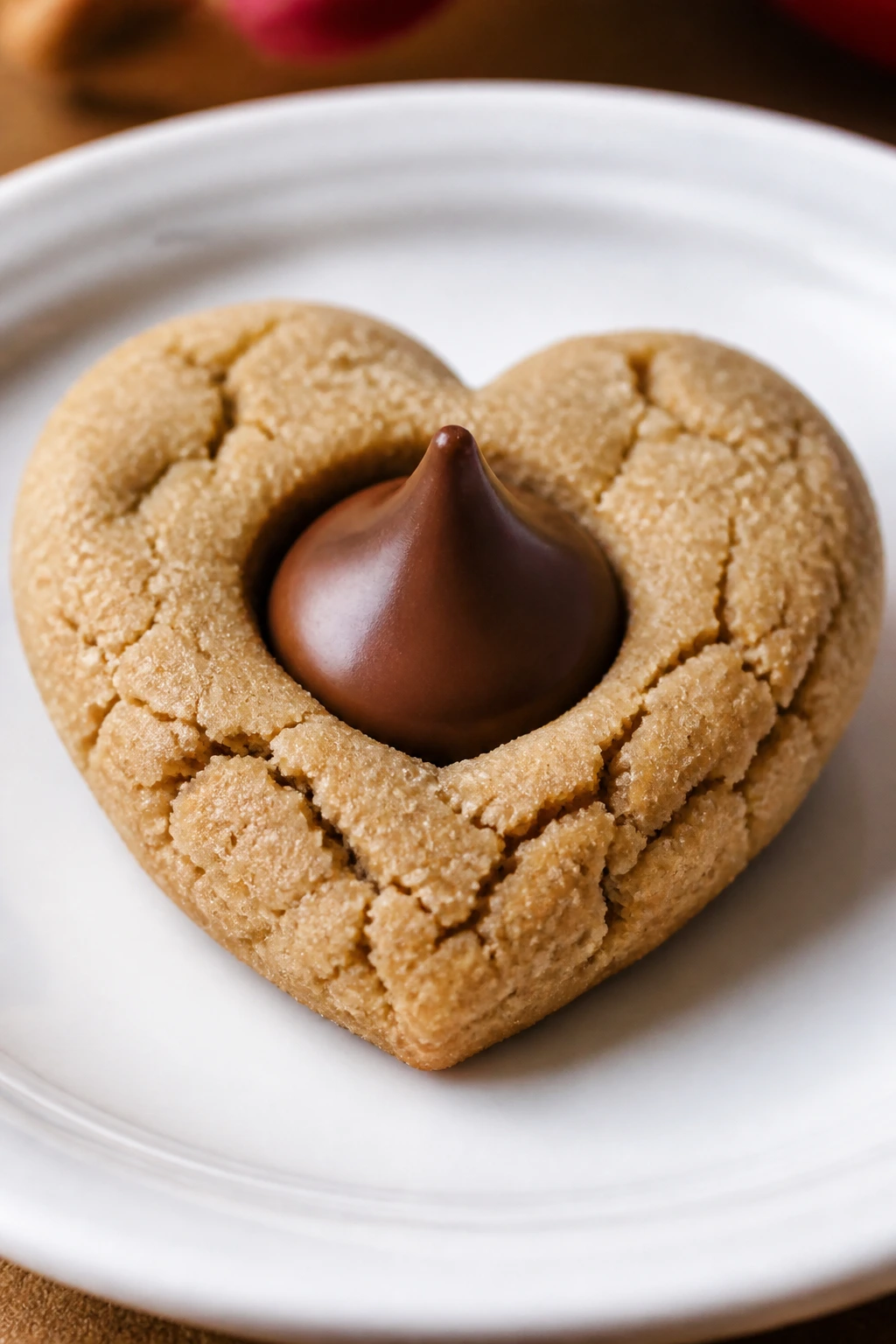 Close-up of a peanut butter blossom heart cookie with chocolate center