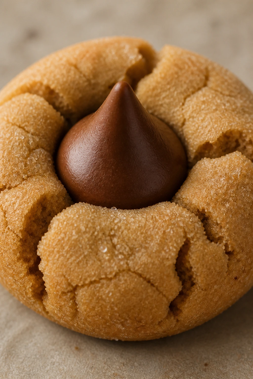 Close-up of peanut butter blossom cookie with chocolate kiss