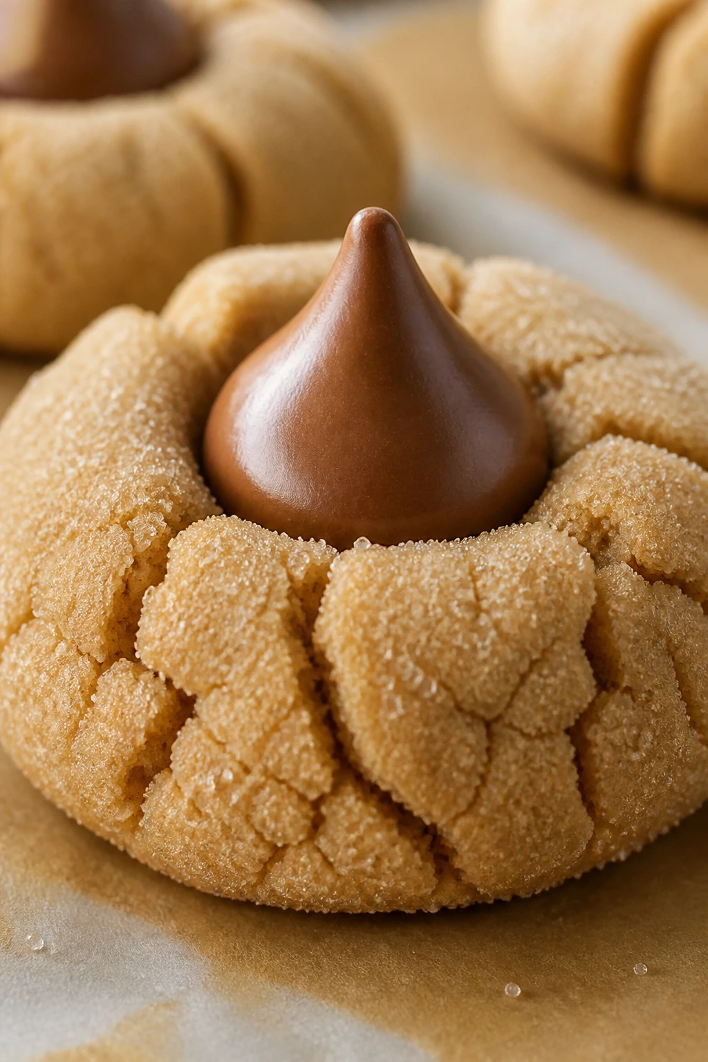 Close-up of a peanut butter blossom cookie with a chocolate kiss.