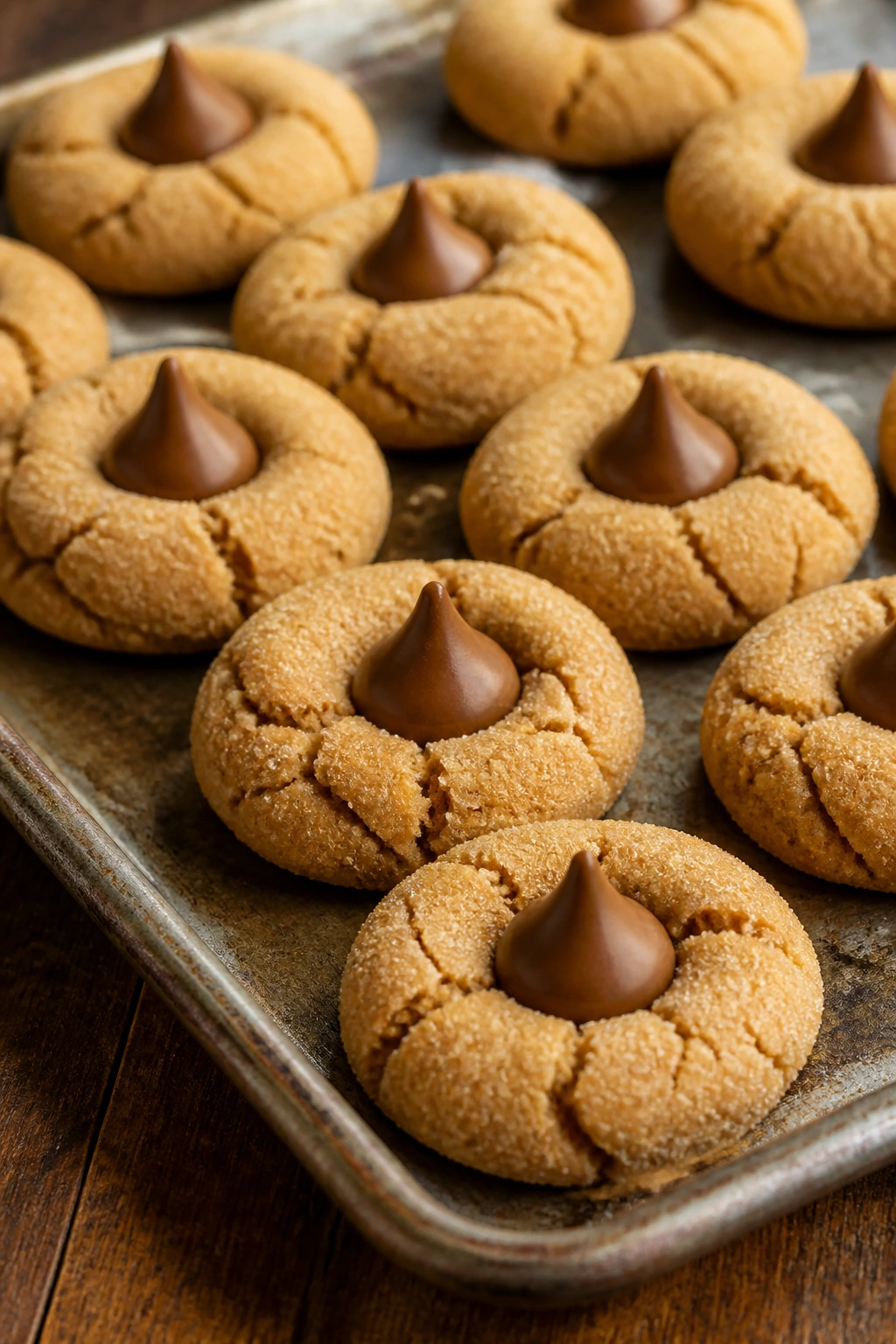 Close-up of peanut butter blossom cookies with chocolate kisses