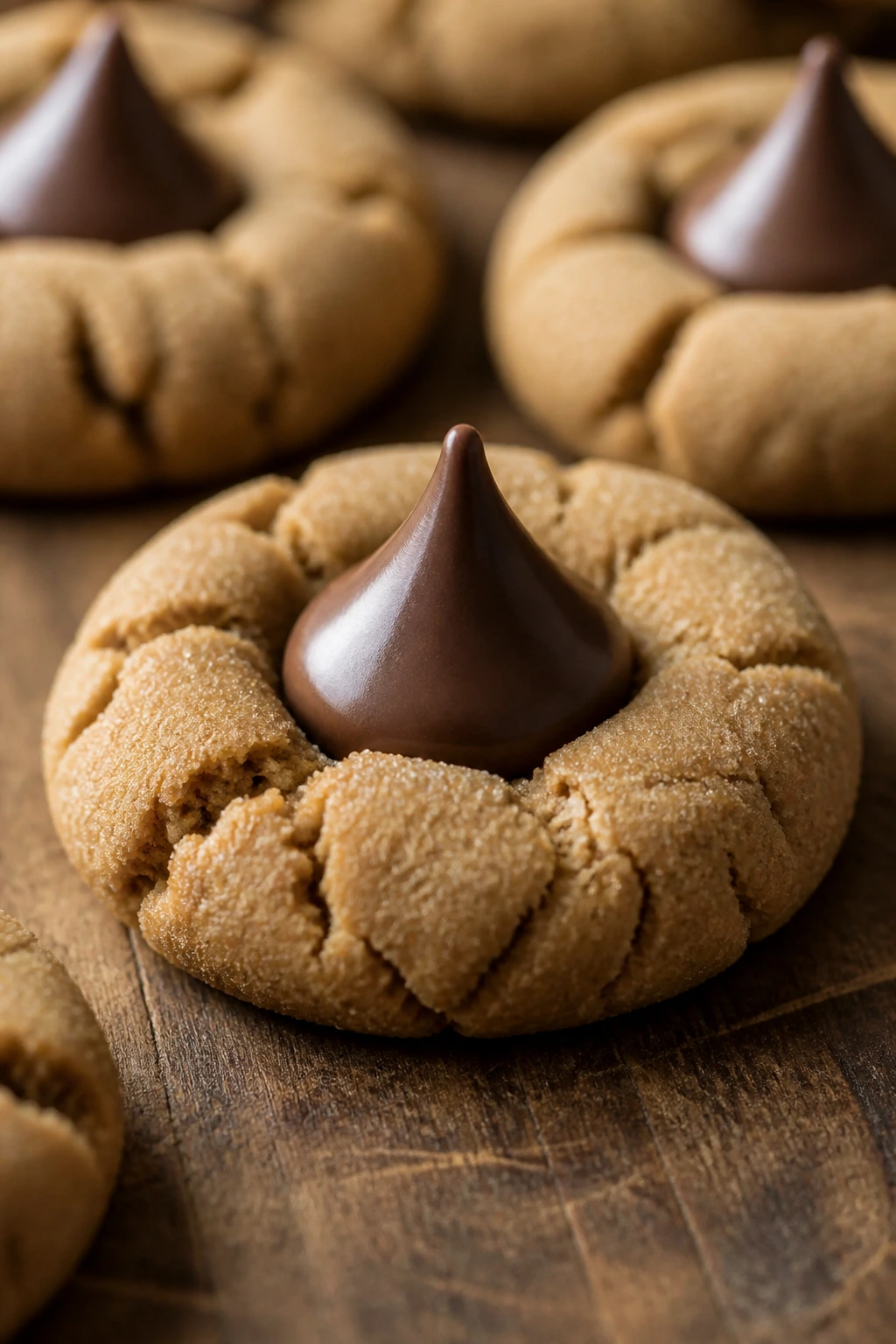 Close-up of a peanut butter blossom cookie with a chocolate kiss on top on a rustic wooden board