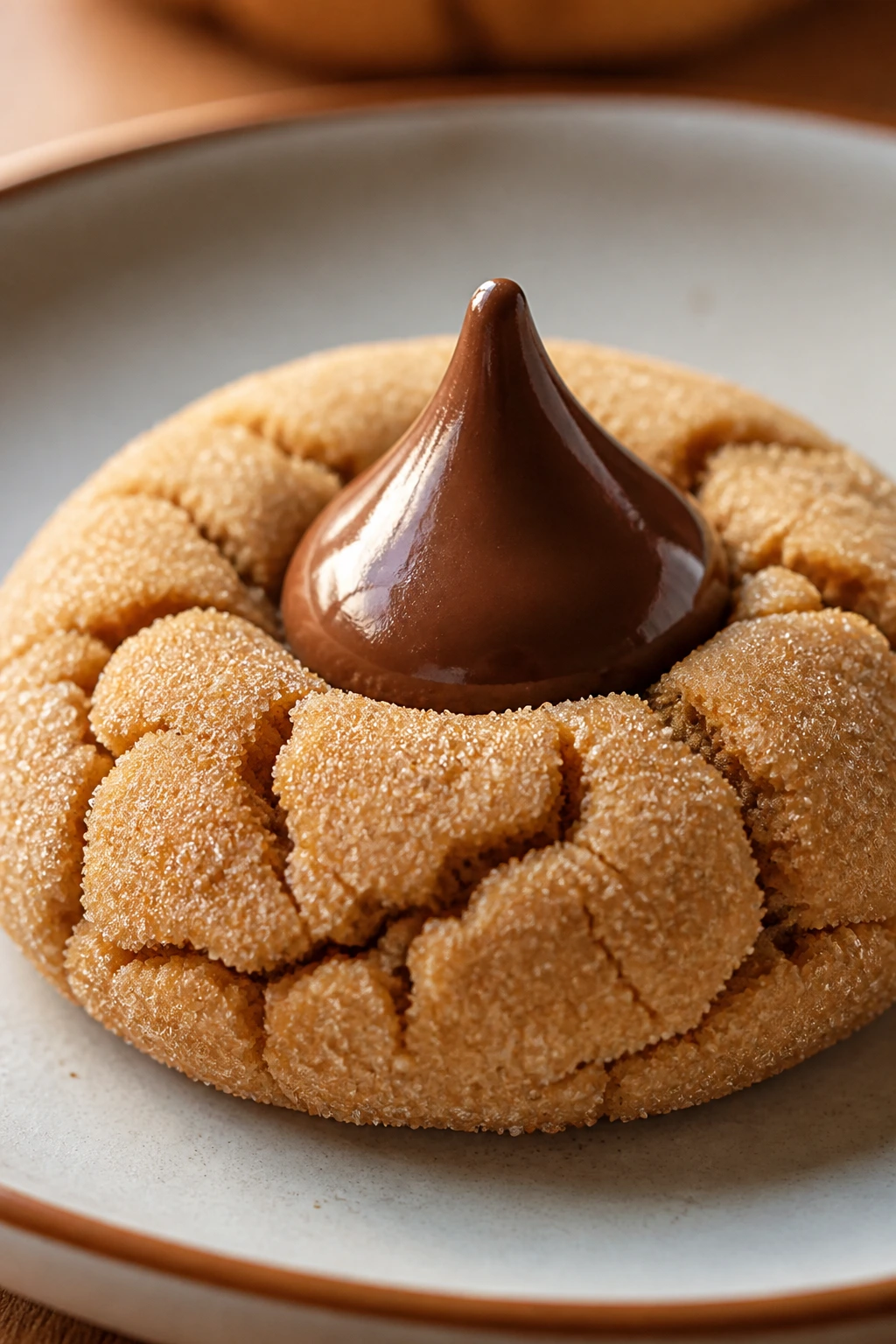 Close-up of peanut butter blossom cookie with chocolate kiss on top