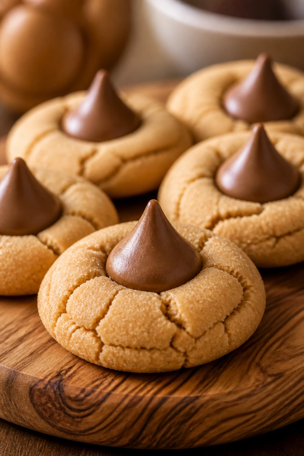 Plate of peanut butter cookies with chocolate kiss centers