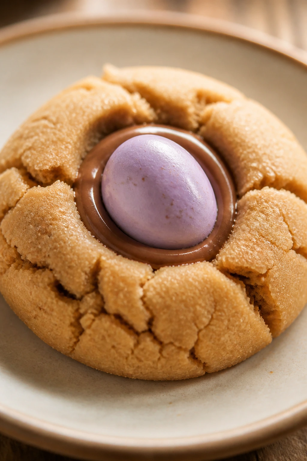 Close-up of peanut butter blossom cookie with mini egg