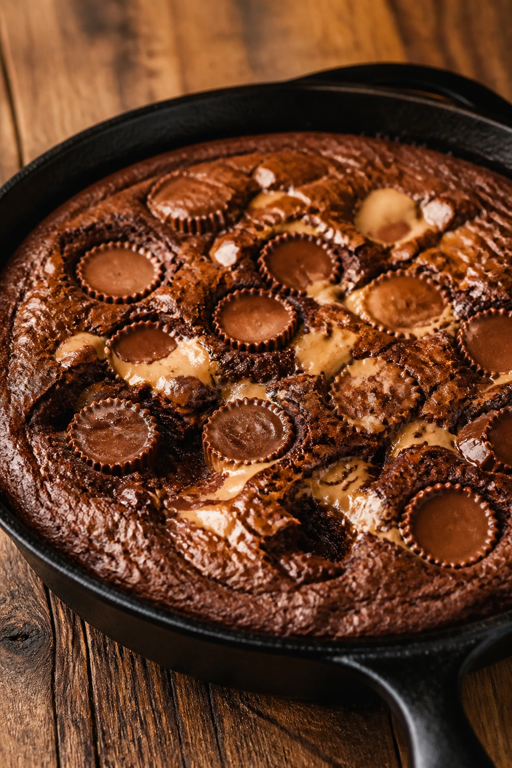Goopy brownie skillet with melted peanut butter cups.