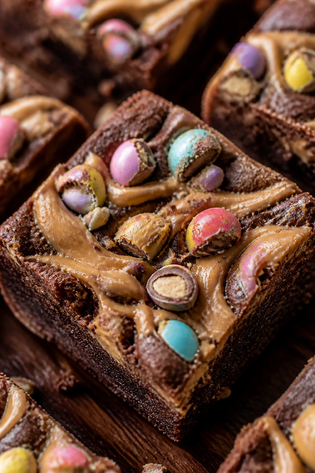Brownie square with peanut butter swirl and candy eggs on top